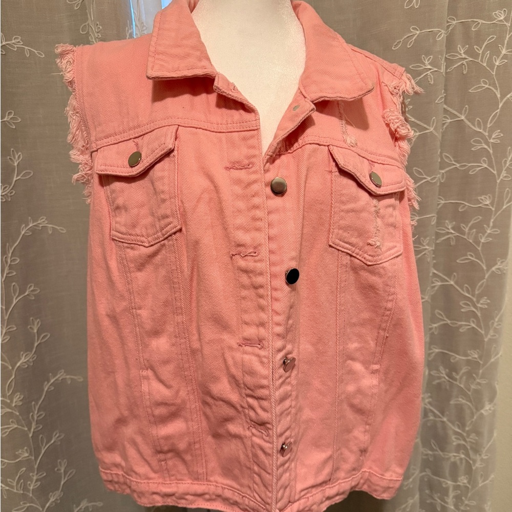 Pink Denim Vest with Frayed Sleeves